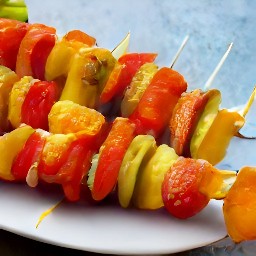 the cooked vegetable kebabs are transferred to a plate.