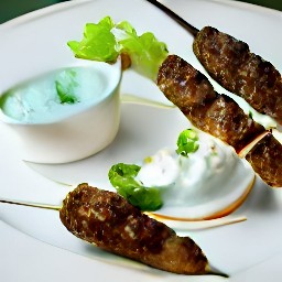 two tablespoons of yogurt sauce added to a serving plate containing cooked beyond beef skewers and vegetable kebabs.