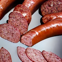 sausages that are sliced, bell peppers that are trimmed, an onion that is peeled and diced, and garlic that is crushed.