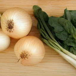peeled and sliced onions and stemmed spinach.