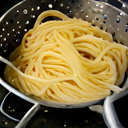 the pasta is drained of water in a colander.