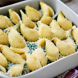 the pasta shells are stuffed with the sausage mixture and spread in the baking dish.