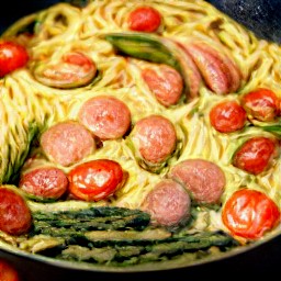 a dish of pasta with beyond sausages, asparagus, tomatoes, garlic, salt, black pepper and lemon juice.
