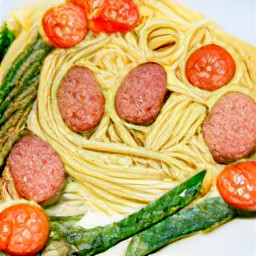 a platter of lemon and garlic pasta with beyond sausage.