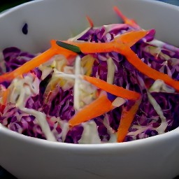 a bowl of mixed savoy cabbage, red cabbage, carrots, vinaigrette, salt and black pepper.