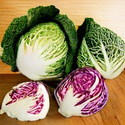 shredded savoy and red cabbages.