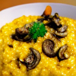 a plate of creamy rice topped with cooked beyond beef sliders, mushrooms, kosher salt, and parsley.