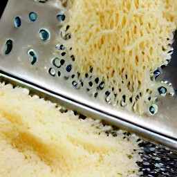 the output is vegan parmesan cheese that has been grated.