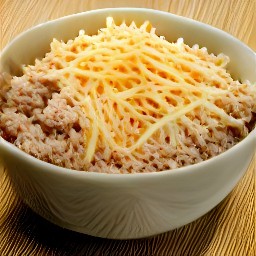 a bowl containing the shredded neufchatel cheese substitute, shredded vegan cheese, chopped scallions, half of the crumbled burger patties, cumin, and garlic powder.