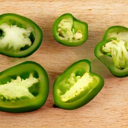 the jalapeno peppers are cut in half lengthwise, with the seeds and ribs removed.