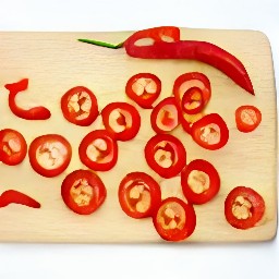 a red chili pepper that has been trimmed and sliced.