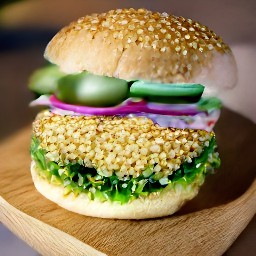 this action will result in burger buns being placed in a serving plate, with crusted meatless burger patties, kimchi mayonnaise, crisped onions, cucumbers, and sliced red chili peppers also added to the