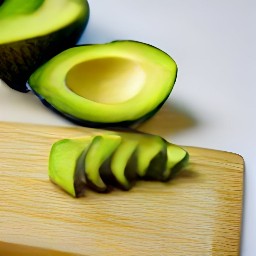 avocados that are cut in half, destoned, and sliced. the next step is to trim the lettuce.
