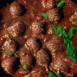 a dish of tomato basil marinara with dried oregano and paprika, with cooked meatballs simmered in it for 20 minutes.
