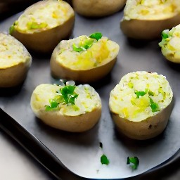 a dish of potatoes that have been baked twice, once on their own and once with mashed potatoes on top.