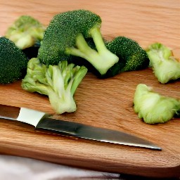 a bowl of chopped broccoli and stemmed arugula.