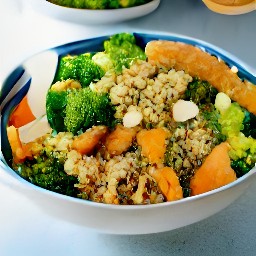 a salad made with quinoa, roasted veggies, chicken strips, and baby arugula. the salad is topped with halved almonds.