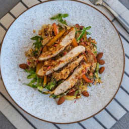 

A delicious vegan, lactose-free, soy-free and eggs-free dinner/salad/side dish made of sweet potatoes, almonds and quinoa - topped with Beyond Chicken strips.