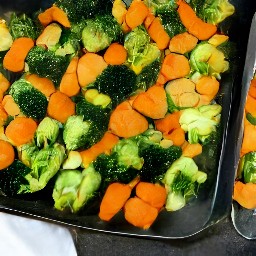 the roasted veggies are done when the heat is turned off and the baking sheet is removed from the oven.