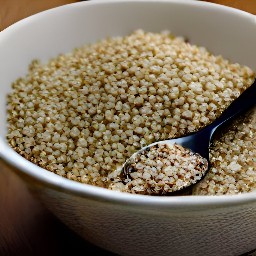 a bowl containing quinoa, salt, black pepper, and olive oil that has been mixed together.