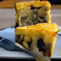 the wild mushroom and potato cake is cut into wedges.