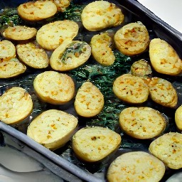a dish of semi-roasted potatoes with kale mix, seasoned with canola oil.
