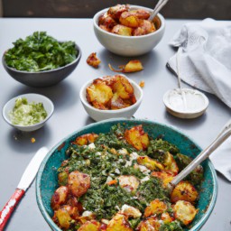 
A light, Greek-style roasted vegetable salad with potatoes, kale, avocados and feta cheese - all soy-, gluten-, egg- and nut-free.