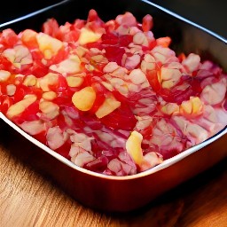 a roasting tin filled with red bell pepper chunks, red onion wedges, diced red chili peppers, and minced garlic. the ingredients are mixed with olive oil, powdered sugar, salt, and black pepper.