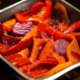 after 15 minutes, remove the roasting tin from the oven and add the tomato quarters. put the roasting tin back in the hot oven and bake for another 15 minutes.