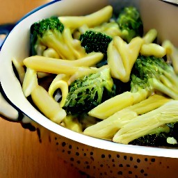 the pasta and broccoli are drained in a colander.