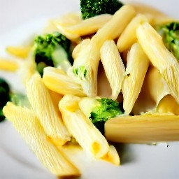 the pasta and broccoli are transferred to a plate.