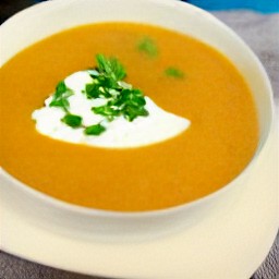 a bowl of soup with greek yogurt and chopped cilantro on top.