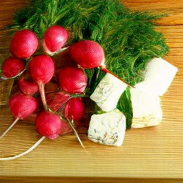 radish slices, chopped dill, and crumbled feta cheese.