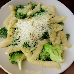 a creamy veggie pasta with lemon juice, basil, parmesan cheese, black pepper and salt.