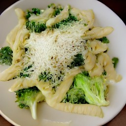 a creamy veggie pasta with lemon juice, basil, parmesan cheese, black pepper and salt.