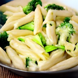 the pasta, broccoli, and peas are transferred to the creamy sauce.