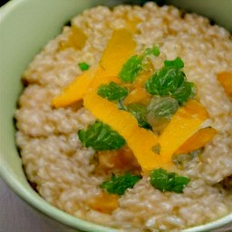 a creamy mixture of butter, onions, butternut squash chunks, garlic, white wine, pearled barley and vegetable broth.