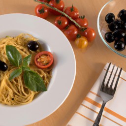 

This delicious European Italian dinner is a flavorful mix of spaghetti, cherry tomatoes and black olives - eggs, nuts and soy free!