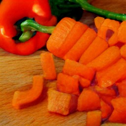 after peeling and dicing the onion and garlic, the carrots, celery sticks, red bell peppers, yellow bell peppers, and zucchini are chopped.