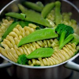 12 cups of water in a large saucepan with pasta and a half tsp of salt. the broccoli florets, soybeans, frozen peas and snow peas are cooked for 3 more minutes or until tender,