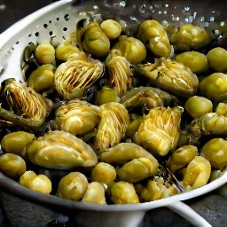 cold water rinsed chargrilled artichokes and pitted green olives in a colander, then drained.