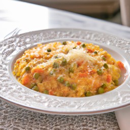 

Light and delicious creamy veggie risotto made with onions, parsnips, risotto rice, frozen peas and parmesan cheese - a perfect gluten-free, egg-free, nut- free and soy-free Italian lunch.