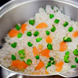 the bay leaf is removed from the saucepan and frozen peas are added, then the mixture is stirred with a wooden spoon for 3 minutes.