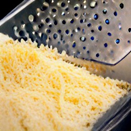 the parmesan cheese is shredded using a grater.