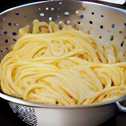 the cooked linguine pasta is drained in a colander.