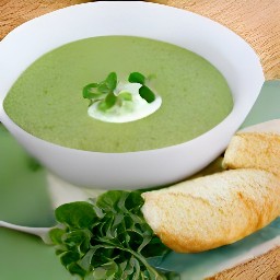 a bowl of watercress and celeriac soup with goat cheese and watercress sprigs, served with a side of toasted french baguette.
