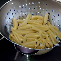 cooked penne pasta that has been rinsed in a colander.