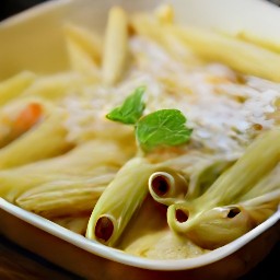 the pasta mixture is transferred to an ovenproof dish and a quarter of the sour cream is spread over it.