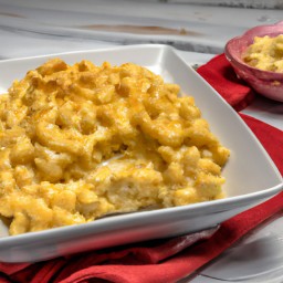 

Baked macaroni and cheese is a creamy, delicious lunch dish made of macaroni pasta, whole milk, cheddar cheese and parmesan cheese - eggs-free and nuts-free.