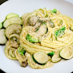 a dish of spaghetti with carbonara sauce, zucchini, mushrooms, garlic, lemon zest and lemon juice.